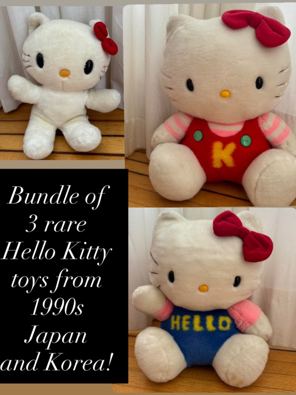 3 retro vintage Hello Kitty dolls plush toys 1990s Sanrio made Japan Japanese